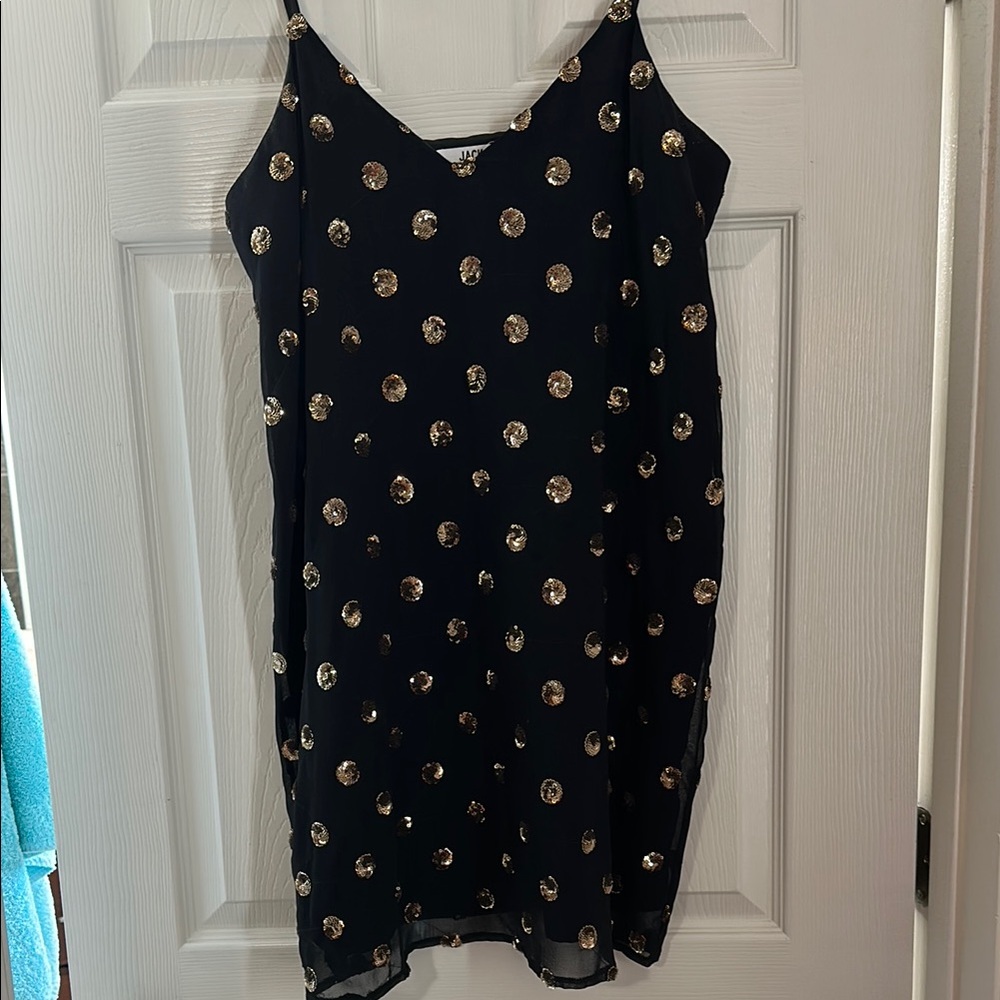 Jack by BB Dakota Black Slip Dress with Gold Sequin Polka Dots
